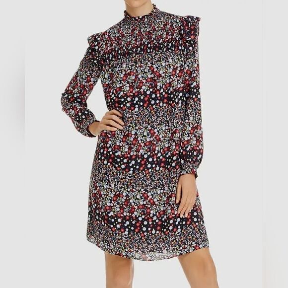 Nanette Lepore Blue Red Yellow Floral Ruffle Smocked Mock-Neck Shift Dress | 10 - Picture 1 of 12